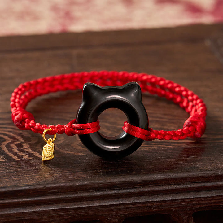 Buddha Stones Bracelet tressé de protection avec boucle de la paix en obsidienne noire, motif chat Fu et cordon rouge. - Obsidienne noire (tour de poignet 17–18 cm) - image 0