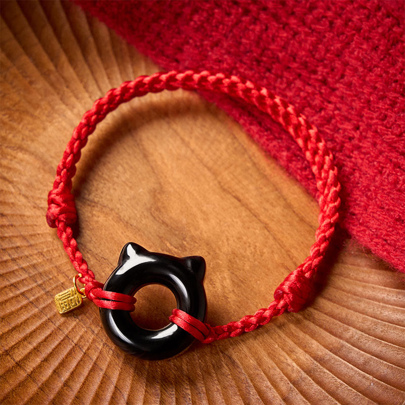 Buddha Stones Bracelet tressé de protection avec boucle de la paix en obsidienne noire, motif chat Fu et cordon rouge. - image 1