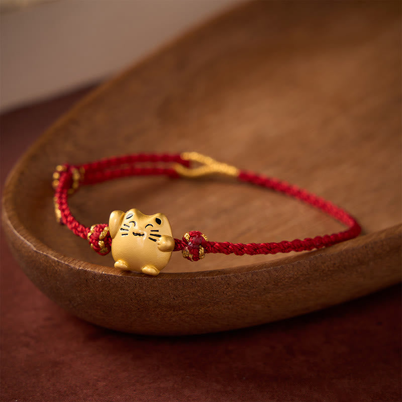 Buddha Stones Bracelet énergétique de protection en cuivre avec fil rouge et chat porte-bonheur - Rouge foncé (Tour de poignet 14–18 cm) - image 0