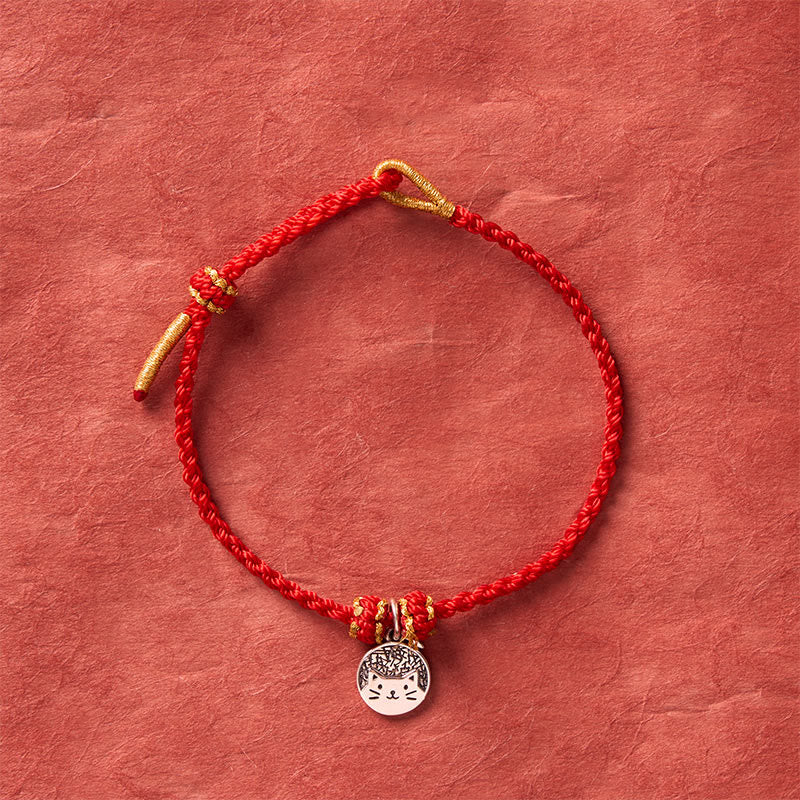 Buddha Stones Bracelet tressé rouge et noir en argent sterling 925 avec pendentif rond représentant un chaton mangeant du poisson, symbole de prospérité. - image 3