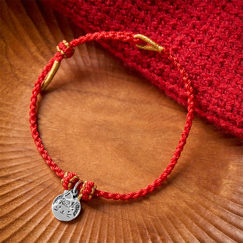 Buddha Stones Bracelet tressé rouge et noir en argent sterling 925 avec pendentif rond représentant un chaton mangeant du poisson, symbole de prospérité. - image 2