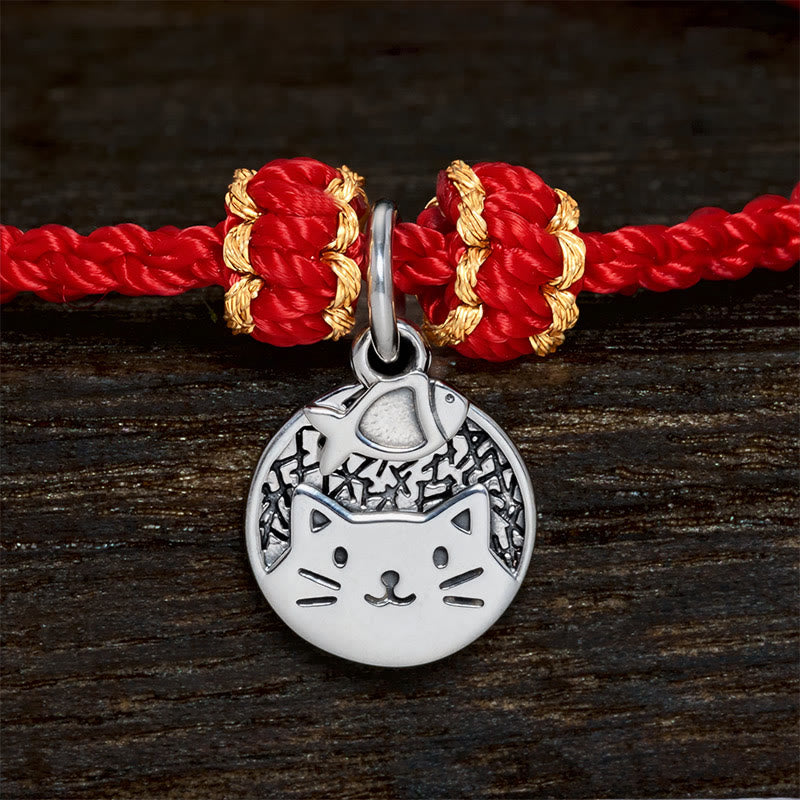Buddha Stones Bracelet tressé rouge et noir en argent sterling 925 avec pendentif rond représentant un chaton mangeant du poisson, symbole de prospérité. - image 9