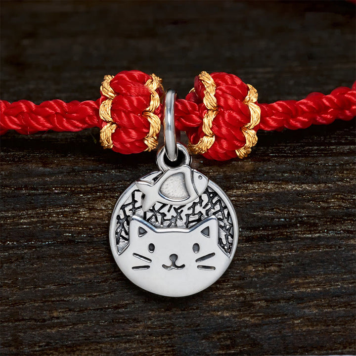 Buddha Stones Bracelet tressé rouge et noir en argent sterling 925 avec pendentif rond représentant un chaton mangeant du poisson, symbole de prospérité. - image 9