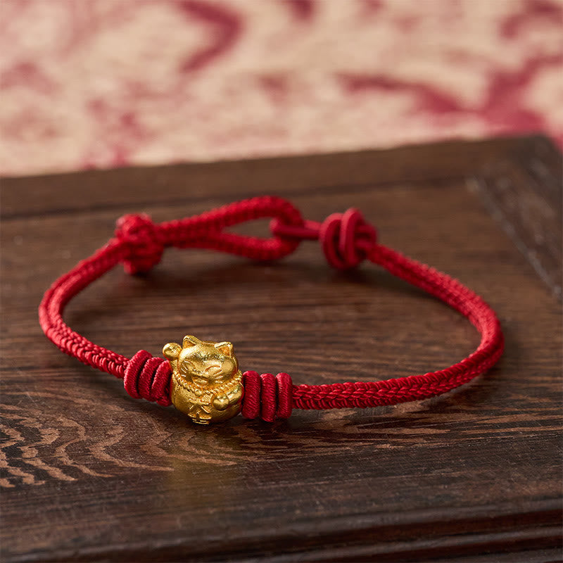Buddha Stones Bracelet ajustable en cuivre avec fil rouge tissé à la main et chat porte-bonheur - Rouge foncé - 6,7–7,5 po / 17–19 cm - image 0