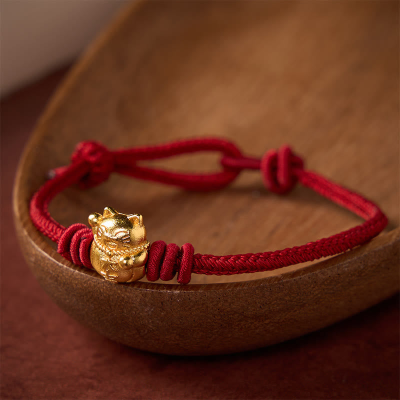 Buddha Stones Bracelet ajustable en cuivre avec fil rouge tissé à la main et chat porte-bonheur - image 1