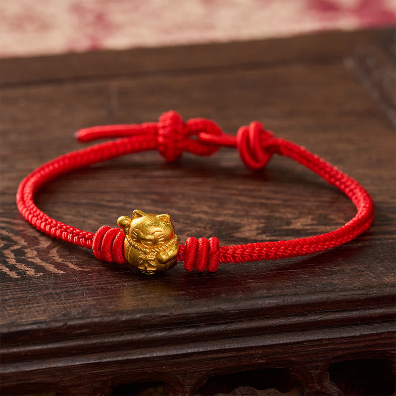 Buddha Stones Bracelet ajustable en cuivre avec fil rouge tissé à la main et chat porte-bonheur - Rouge - 17-20 cm - image 9