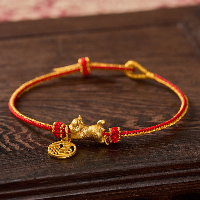 Buddha Stones Bracelet de prospérité tissé à la main en fil de cuivre rouge, représentant un chat Fu couché - image 2