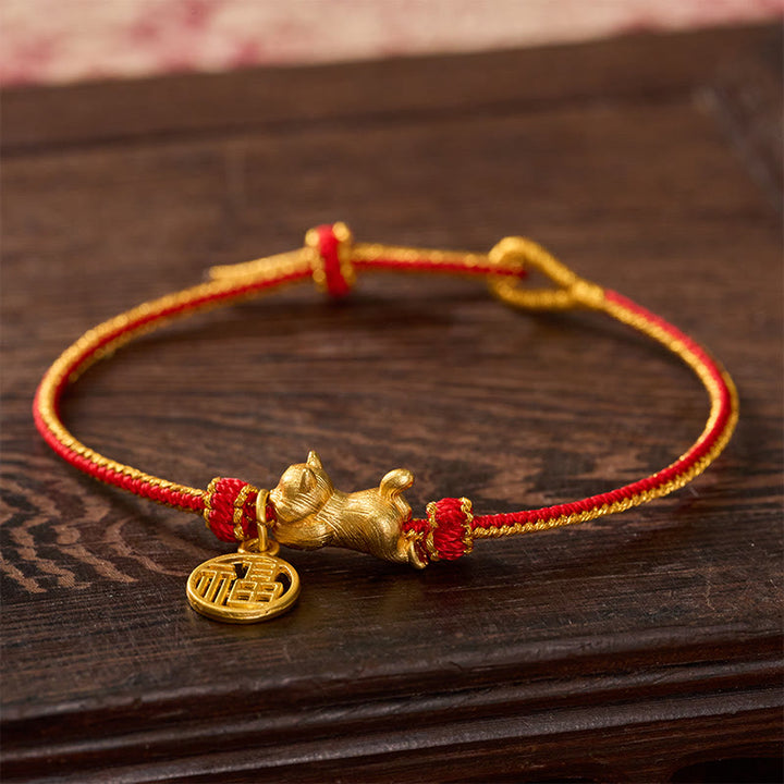 Buddha Stones Bracelet de prospérité tissé à la main en fil de cuivre rouge, représentant un chat Fu couché - image 2