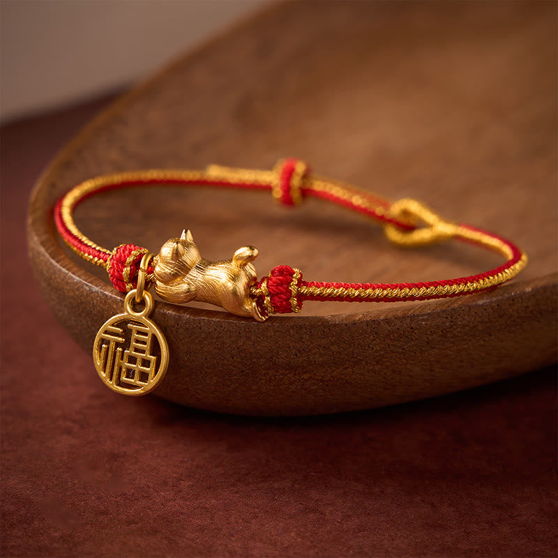 Buddha Stones Bracelet de prospérité tissé à la main en fil de cuivre rouge, représentant un chat Fu couché - image 1