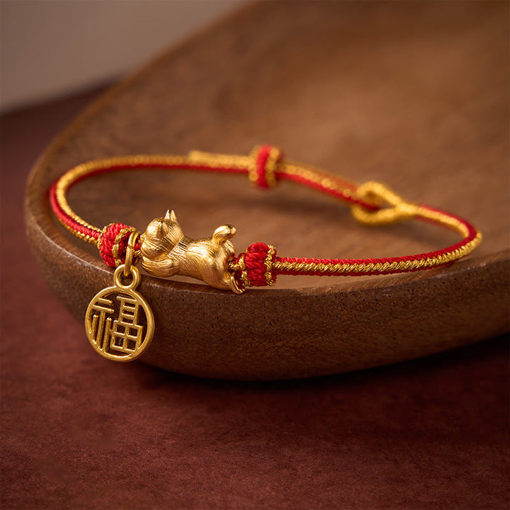 Buddha Stones Bracelet de prospérité tissé à la main en fil de cuivre rouge, représentant un chat Fu couché - image 1