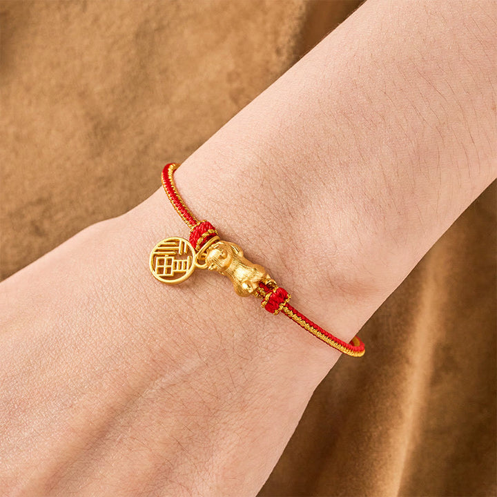 Buddha Stones Bracelet de prospérité tissé à la main en fil de cuivre rouge, représentant un chat Fu couché - image 4