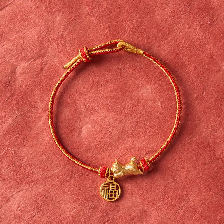 Buddha Stones Bracelet de prospérité tissé à la main en fil de cuivre rouge, représentant un chat Fu couché - image 3