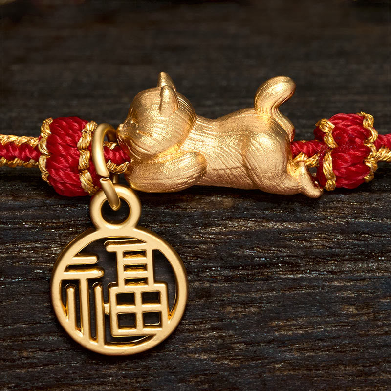 Buddha Stones Bracelet de prospérité tissé à la main en fil de cuivre rouge, représentant un chat Fu couché - image 5