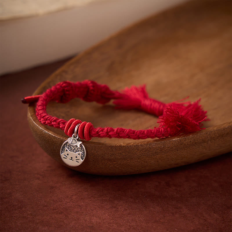 Buddha Stones Bracelet ajustable en argent sterling 925 avec un joli chat et un poisson, cordon rouge tibétain, protection - Rouge foncé (Tour de poignet 14–17 cm) - image 0