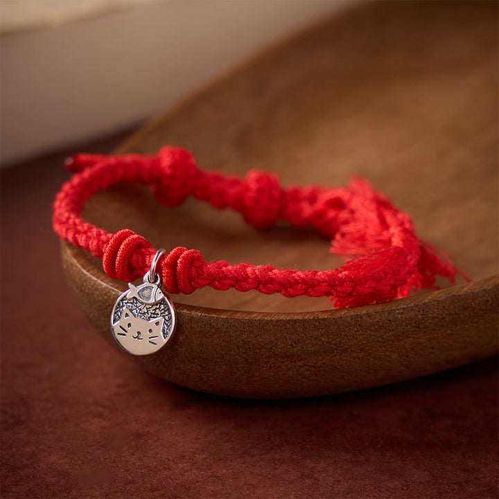Buddha Stones Bracelet ajustable en argent sterling 925 avec un joli chat et un poisson, cordon rouge tibétain, protection - Rouge (Tour de poignet 14–17 cm) - image 9