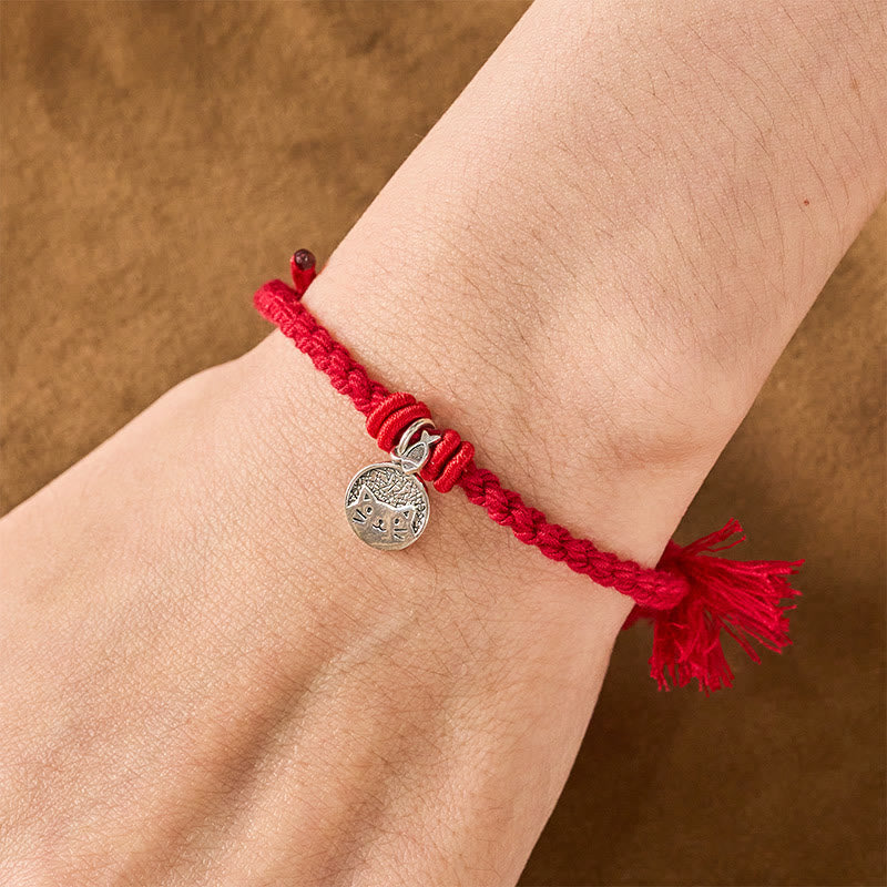 Buddha Stones Bracelet ajustable en argent sterling 925 avec un joli chat et un poisson, cordon rouge tibétain, protection - image 4