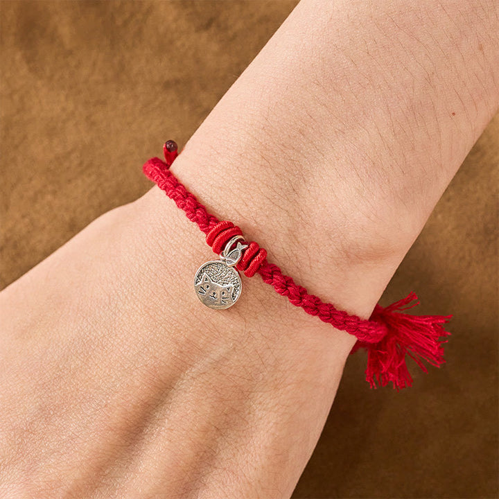 Buddha Stones Bracelet ajustable en argent sterling 925 avec un joli chat et un poisson, cordon rouge tibétain, protection - image 4
