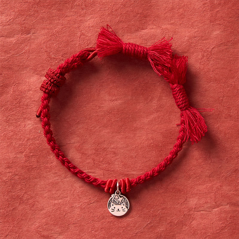 Buddha Stones Bracelet ajustable en argent sterling 925 avec un joli chat et un poisson, cordon rouge tibétain, protection - image 3