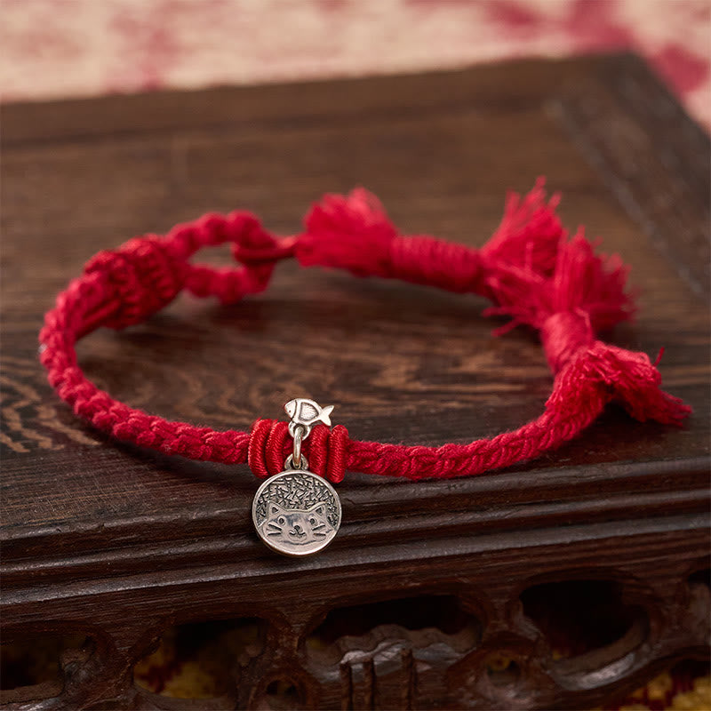 Buddha Stones Bracelet ajustable en argent sterling 925 avec un joli chat et un poisson, cordon rouge tibétain, protection - image 1