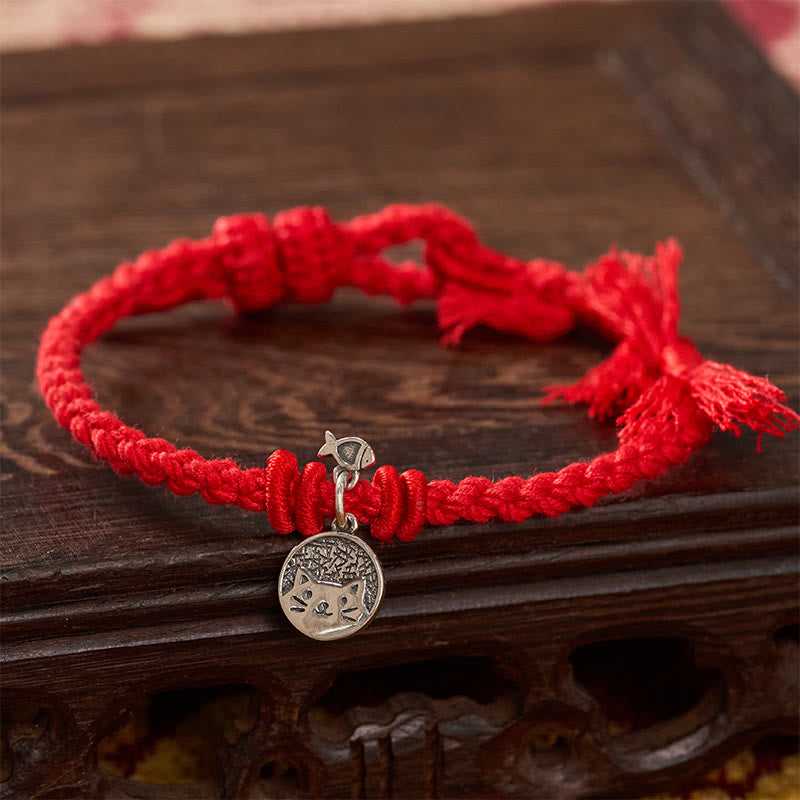 Buddha Stones Bracelet ajustable en argent sterling 925 avec un joli chat et un poisson, cordon rouge tibétain, protection - image 10