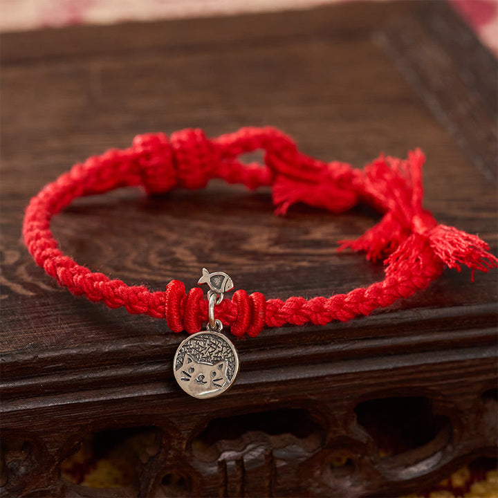 Buddha Stones Bracelet ajustable en argent sterling 925 avec un joli chat et un poisson, cordon rouge tibétain, protection - image 10