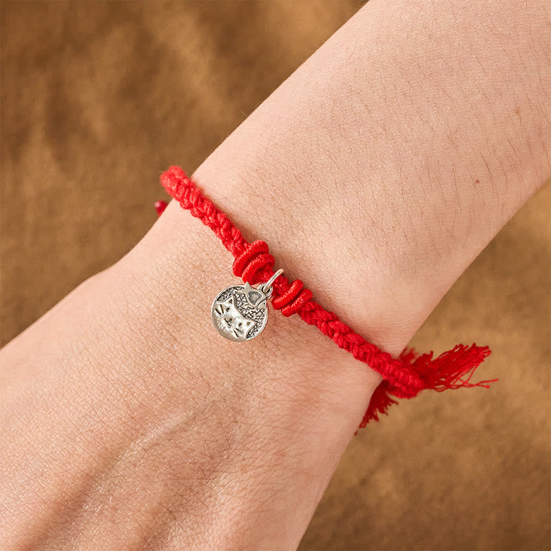 Buddha Stones Bracelet ajustable en argent sterling 925 avec un joli chat et un poisson, cordon rouge tibétain, protection - image 13
