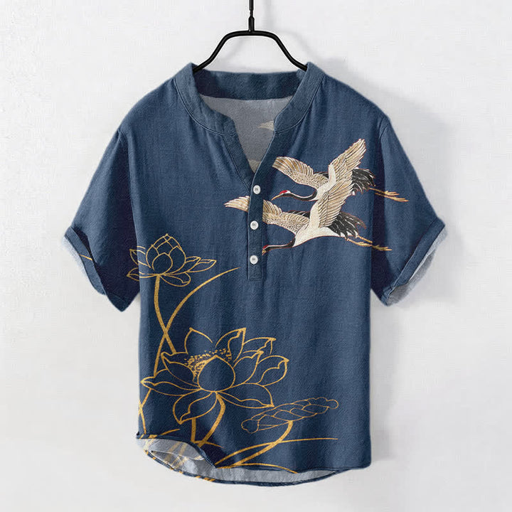 Buddha Stones Chemise homme à manches courtes et demi-boutonnée, motif grue et lotus doré en coton - SteelBlue - US/UK/AU50，EU60 (5XL) - image 0