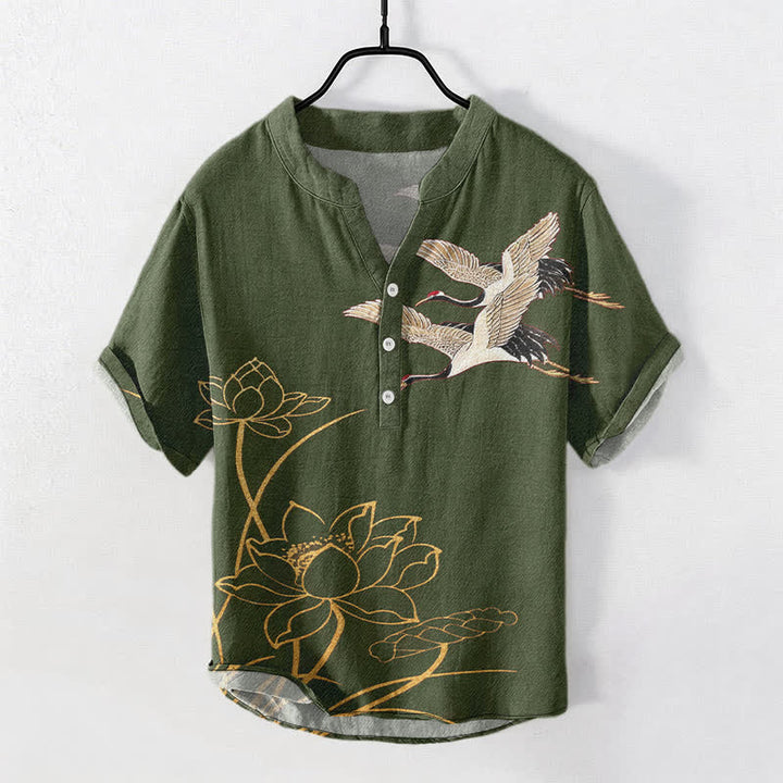 Buddha Stones Chemise homme à manches courtes et demi-boutonnée, motif grue et lotus doré en coton - Vert olive - US/UK/AU50，EU60 (5XL) - image 5