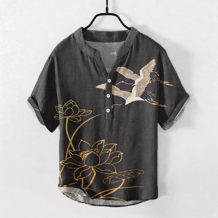 Buddha Stones Chemise homme à manches courtes et demi-boutonnée, motif grue et lotus doré en coton - Noir - US/UK/AU50，EU60 (5XL) - image 10