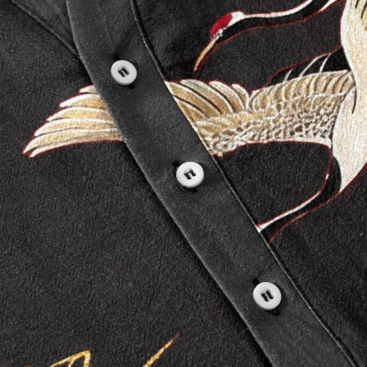 Buddha Stones Chemise homme à manches courtes et demi-boutonnée, motif grue et lotus doré en coton - image 13