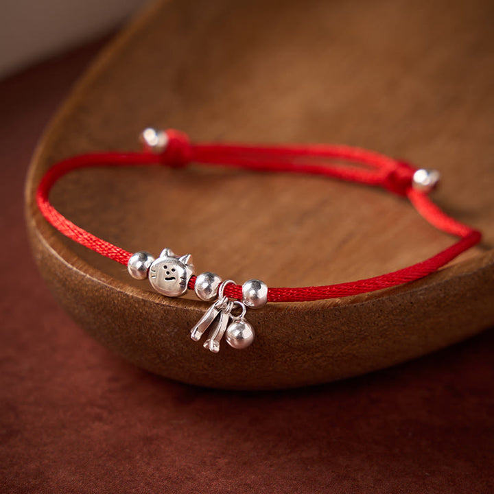 Buddha Stones Bracelet porte-bonheur en argent sterling 925 avec motif chat et poisson mignon et cordon rouge - Argent (Calme ♥ Équilibre) - 14-21 cm - image 0