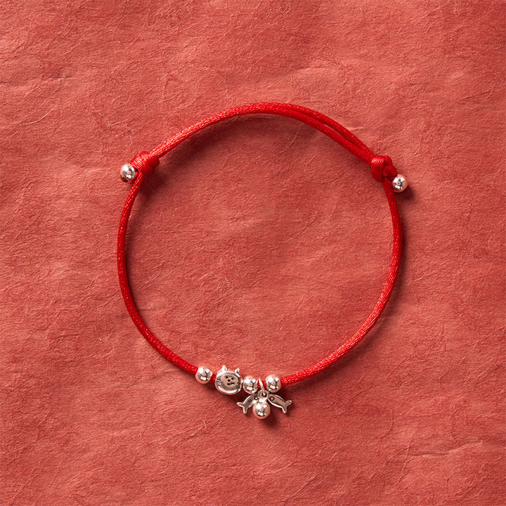 Buddha Stones Bracelet porte-bonheur en argent sterling 925 avec motif chat et poisson mignon et cordon rouge - image 3