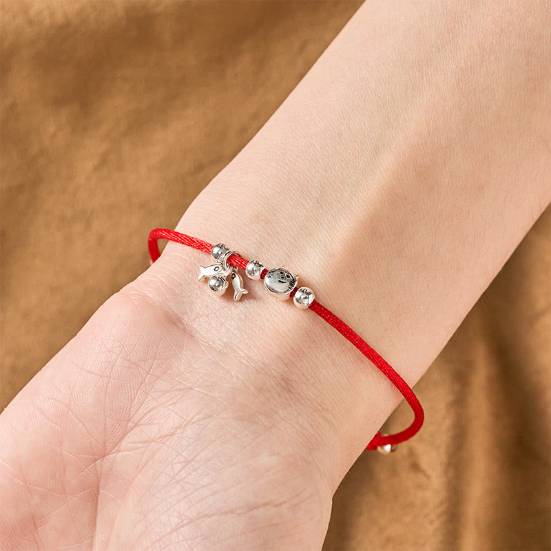 Buddha Stones Bracelet porte-bonheur en argent sterling 925 avec motif chat et poisson mignon et cordon rouge - image 4
