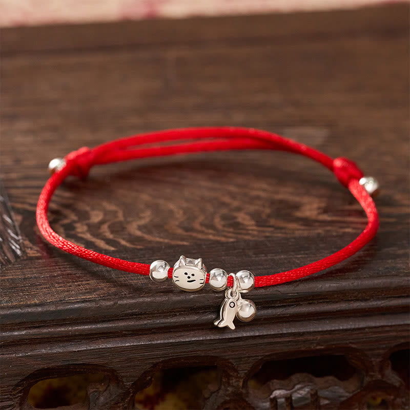 Buddha Stones Bracelet porte-bonheur en argent sterling 925 avec motif chat et poisson mignon et cordon rouge - image 1