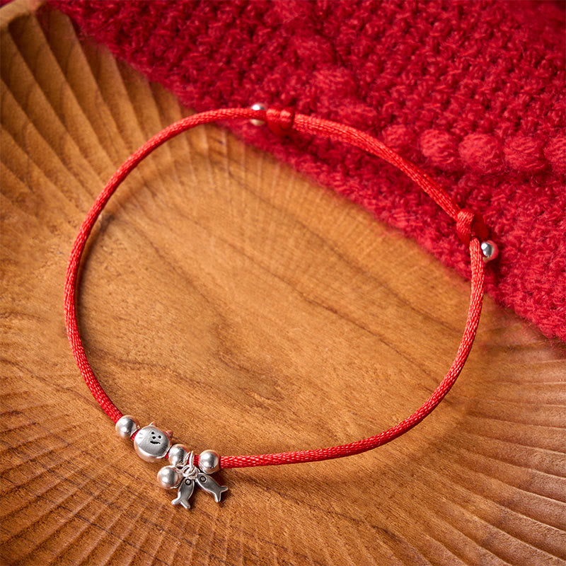 Buddha Stones Bracelet porte-bonheur en argent sterling 925 avec motif chat et poisson mignon et cordon rouge - image 2