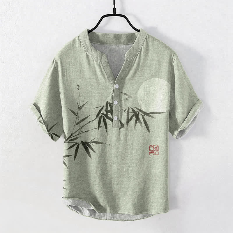Buddha Stones Chemise homme à manches courtes et demi-boutonnée, motif lune de bambou, encre de coton - Vert clair - US/UK/AU50，EU60 (5XL) - image 0