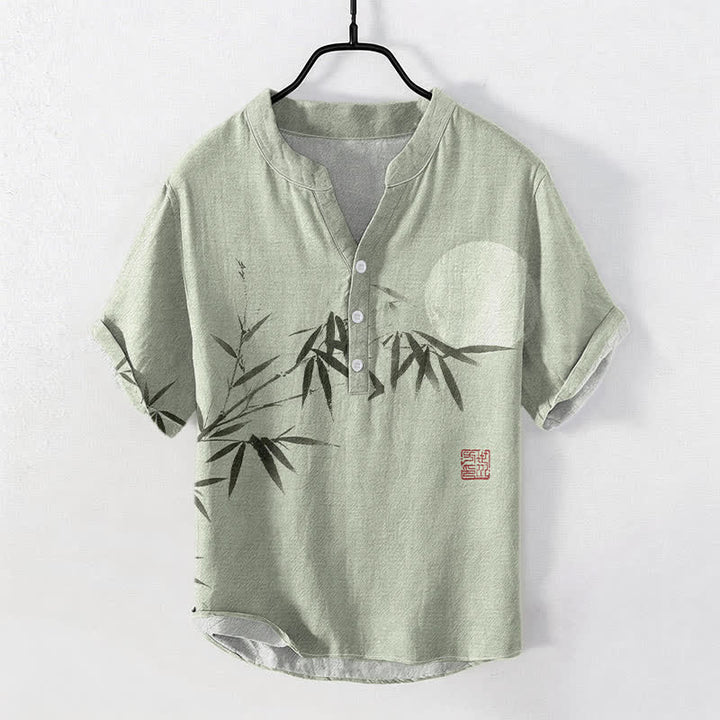 Buddha Stones Chemise homme à manches courtes et demi-boutonnée, motif lune de bambou, encre de coton - Vert clair - US/UK/AU50，EU60 (5XL) - image 0