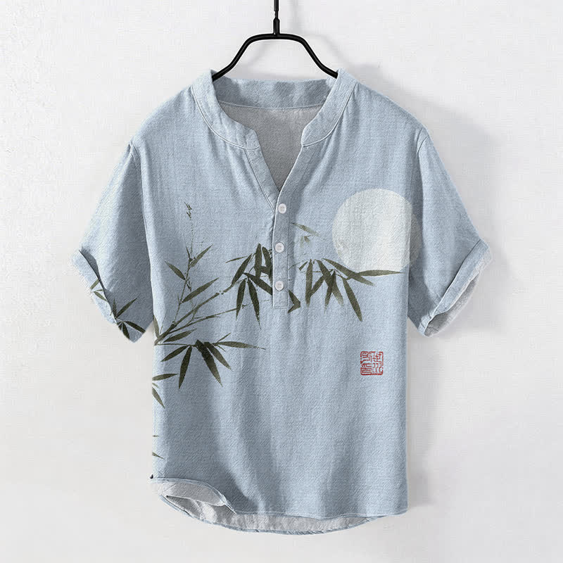 Buddha Stones Chemise homme à manches courtes et demi-boutonnée, motif lune de bambou, encre de coton - Bleu clair - US/UK/AU50，EU60 (5XL) - image 3