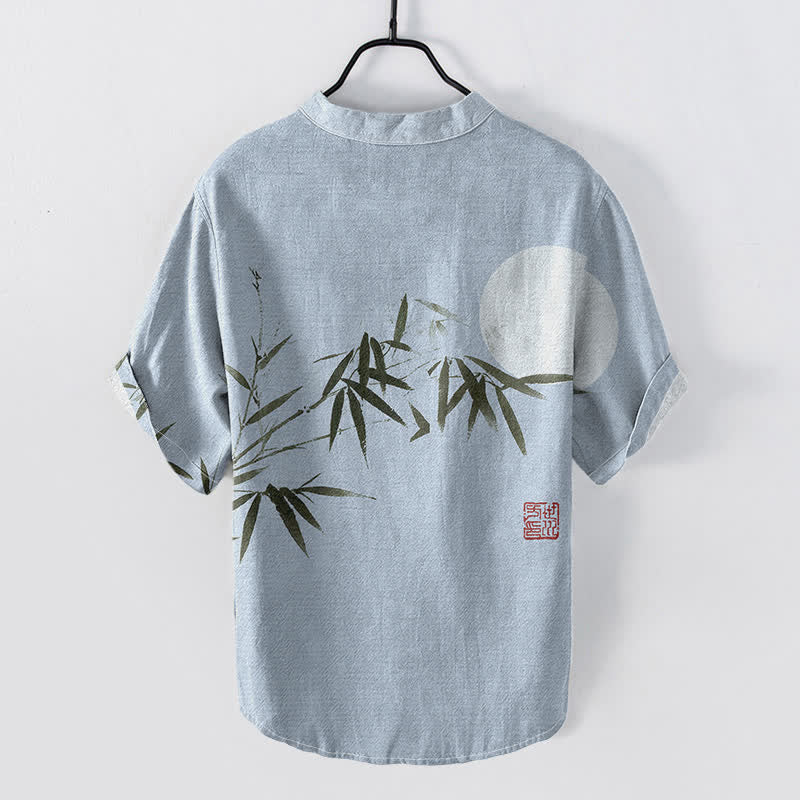 Buddha Stones Chemise homme à manches courtes et demi-boutonnée, motif lune de bambou, encre de coton - image 4