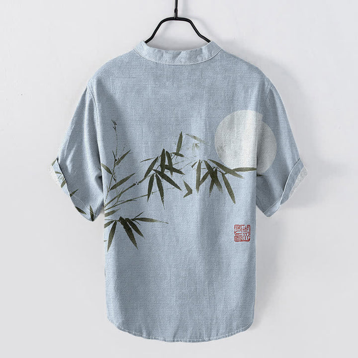 Buddha Stones Chemise homme à manches courtes et demi-boutonnée, motif lune de bambou, encre de coton - image 4
