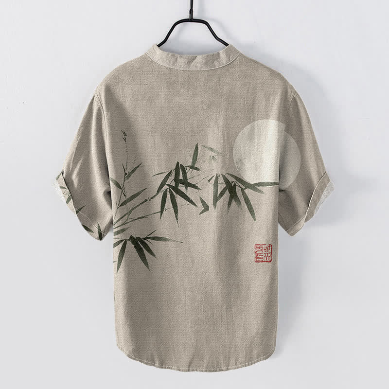Buddha Stones Chemise homme à manches courtes et demi-boutonnée, motif lune de bambou, encre de coton - image 6