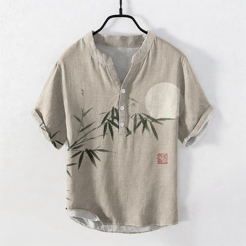 Buddha Stones Chemise homme à manches courtes et demi-boutonnée, motif lune de bambou, encre de coton - Beige - US/UK/AU50，EU60 (5XL) - image 5