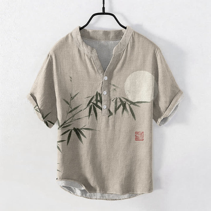 Buddha Stones Chemise homme à manches courtes et demi-boutonnée, motif lune de bambou, encre de coton - Beige - US/UK/AU50，EU60 (5XL) - image 5