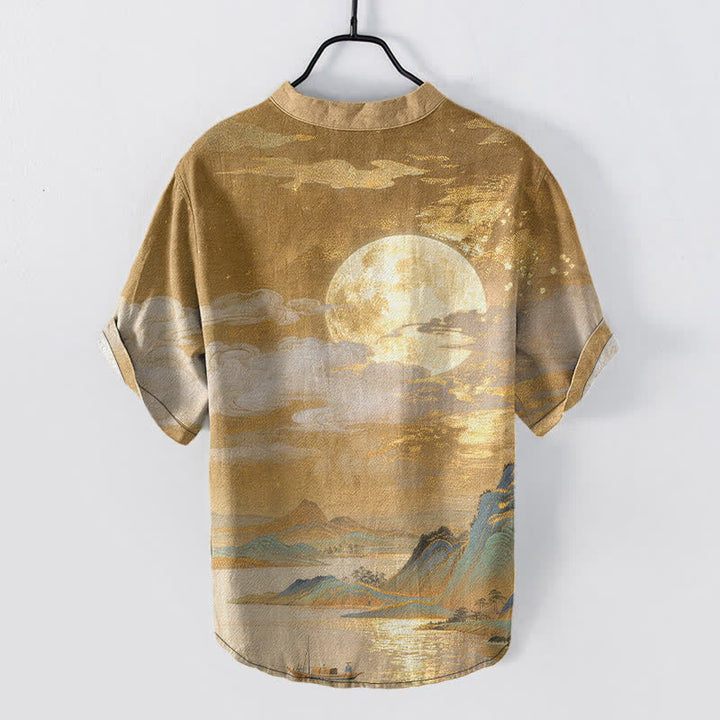 Buddha Stones Chemise à manches courtes pour homme en coton, motif lune, nuage et montagne, demi-boutonnée - image 1
