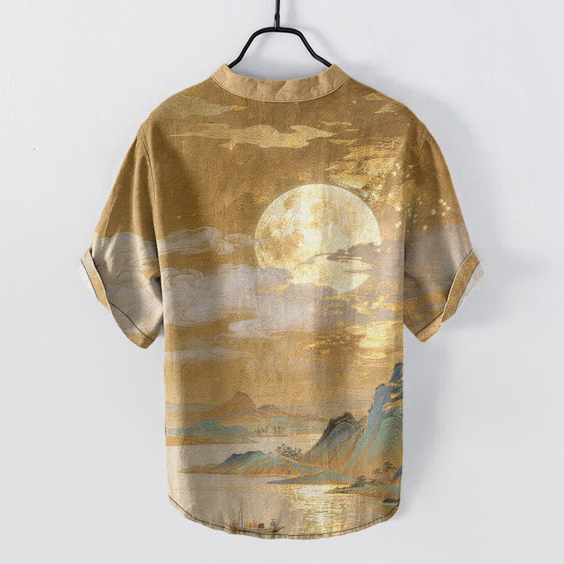 Buddha Stones Chemise à manches courtes pour homme en coton, motif lune, nuage et montagne, demi-boutonnée - image 1