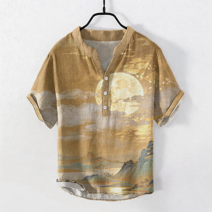 Buddha Stones Chemise à manches courtes pour homme en coton, motif lune, nuage et montagne, demi-boutonnée - verge d'or - US/UK/AU50，EU60 (5XL) - image 0