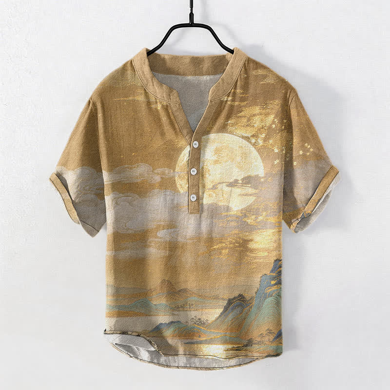 Buddha Stones Chemise à manches courtes pour homme en coton, motif lune, nuage et montagne, demi-boutonnée - verge d'or - US/UK/AU50，EU60 (5XL) - image 0