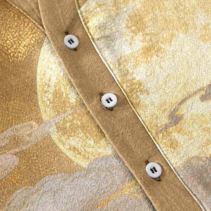 Buddha Stones Chemise à manches courtes pour homme en coton, motif lune, nuage et montagne, demi-boutonnée - image 3