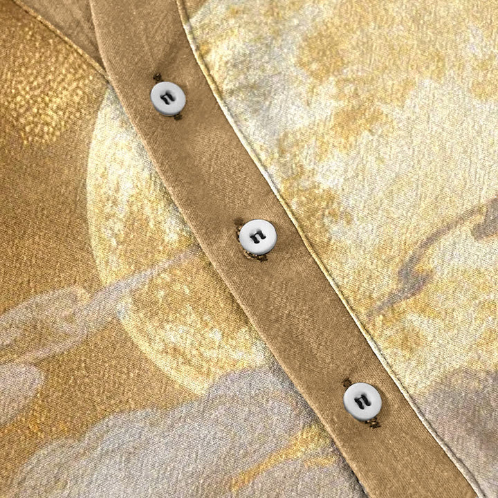 Buddha Stones Chemise à manches courtes pour homme en coton, motif lune, nuage et montagne, demi-boutonnée - image 3