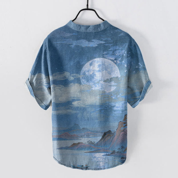 Buddha Stones Chemise à manches courtes pour homme en coton, motif lune, nuage et montagne, demi-boutonnée - image 6